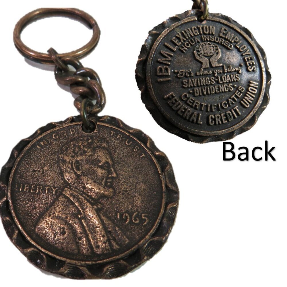 Vtg Huge Lincoln Penny Key Ring IBM Federal Credit Advertisement EMBOSSED